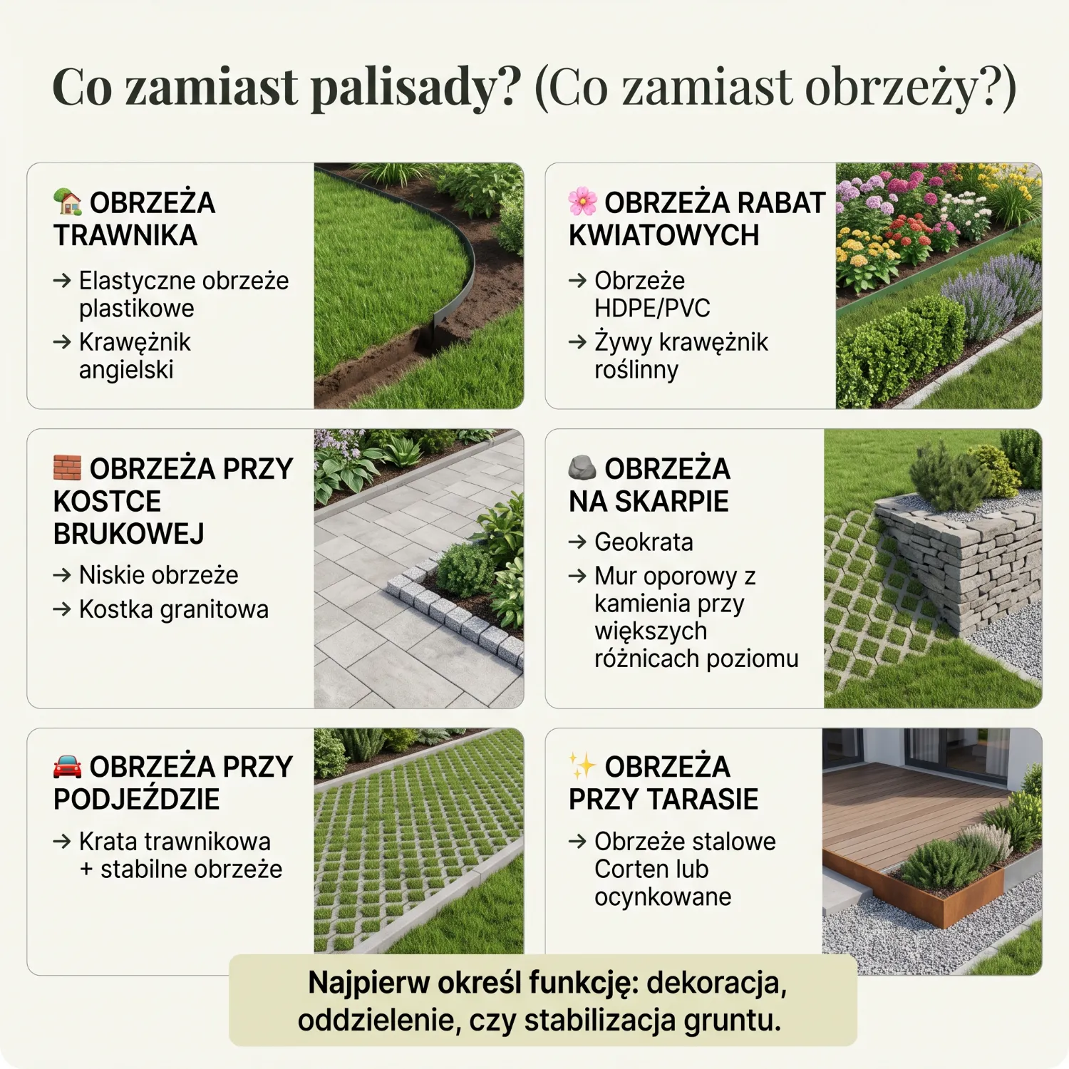 Na zdjęciu widać plastikowe obrzeża ogrodowe wbite w ziemię, które wyznaczają granice trawnika i rabaty z kolorowymi kwiatami. Obrzeża te stanowią estetyczne wykończenie przestrzeni, oddzielając zieleń od kwiatowych kompozycji.